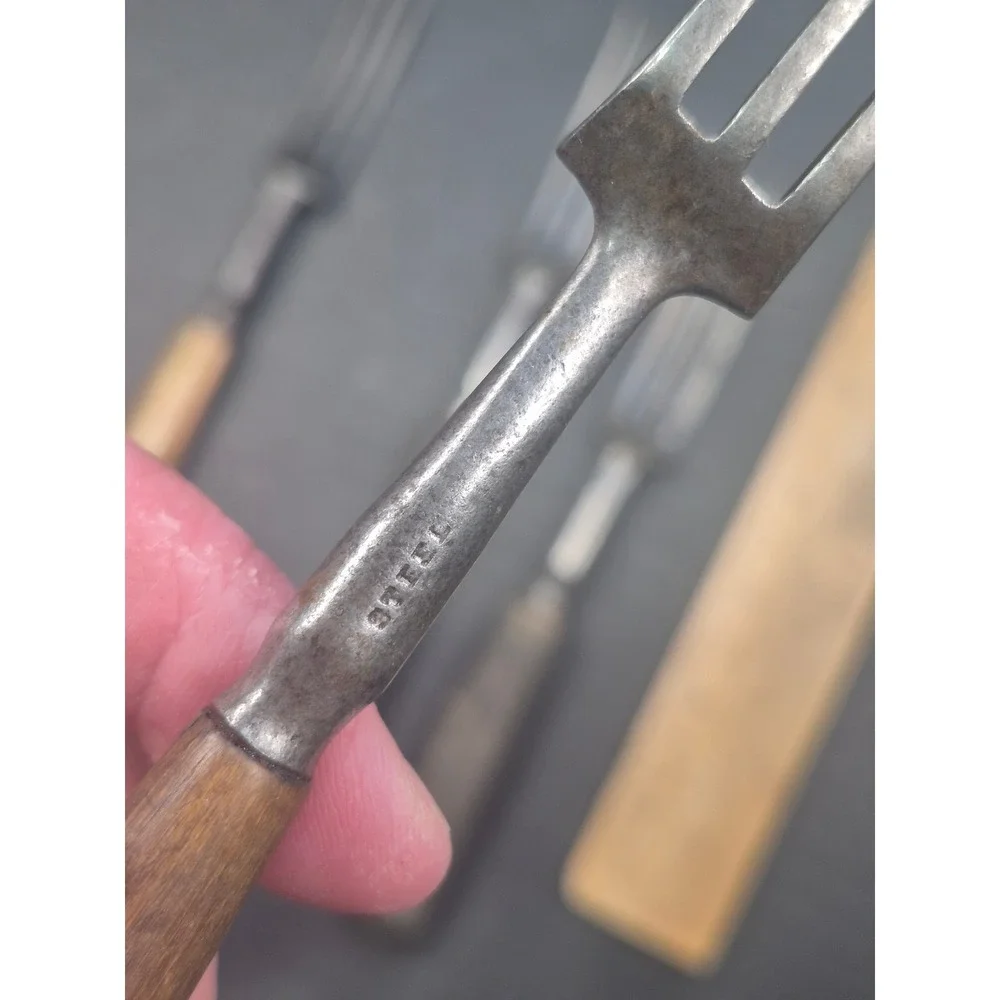 Antique 3 Tine Steel Forks Set of 4 Primitive Wood Bone Handle Rustic Flatware